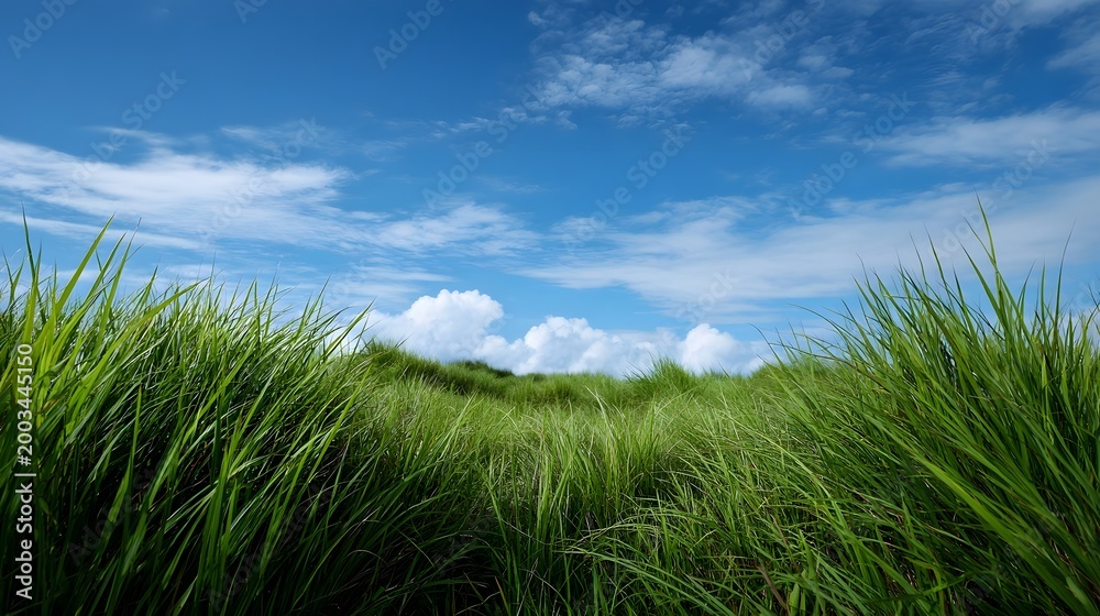 Obraz premium Vibrant green meadow grass extending towards a vast cloud dotted blue sky under bright daylight