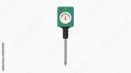 A close-up captures a detailed view of a soil moisture meter, with its clear gauge. The device is used to check the health of plants.