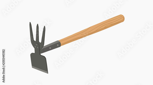 A close-up studio shot of a hand hoe, ideal for gardening and farming, showcasing a sharp blade and wooden handle against a clean backdrop.