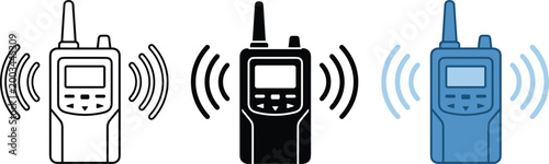 Minimalist vector illustration of three walkie-talkies in different colors with signal waves, modern communication devices, flat design