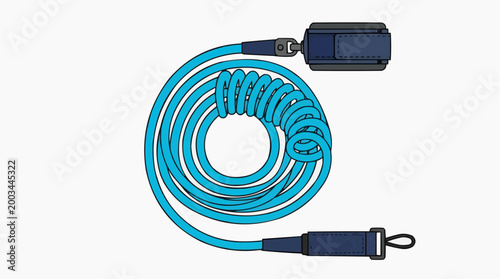 A coiled leash, designed for use with surfboards, features a durable and flexible design.