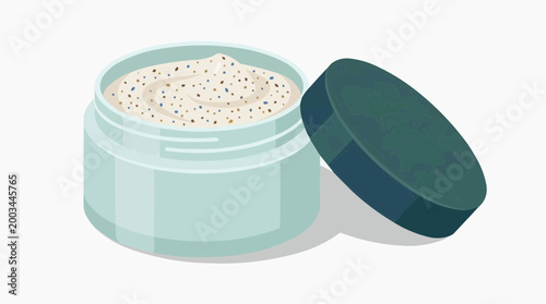 An eye-level product shot of a skincare jar, with its contents of grainy cream in a well-lit studio. the scene is simple.