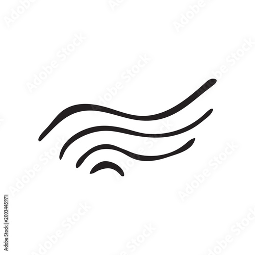 Minimalist hand drawn wave icon, black ink brush stroke water ripples, simple organic flowing lines vector, zen sea breeze graphic element
