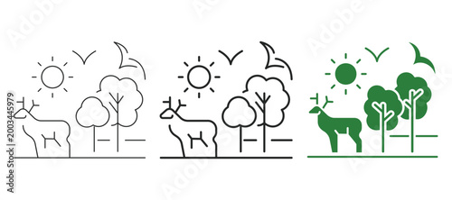Forest wildlife environment web line and solid icon set with deer, trees, nature, ecosystem and biodiversity concept. Editable stroke