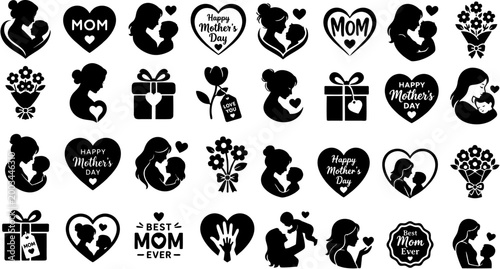Mother’s Day Icon Set Silhouette. Love, Family and Celebration Symbols Vector Collection for Greeting Cards and Social Media