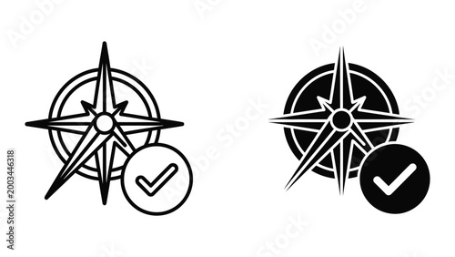 Minimalist compass icon with approval checkmark