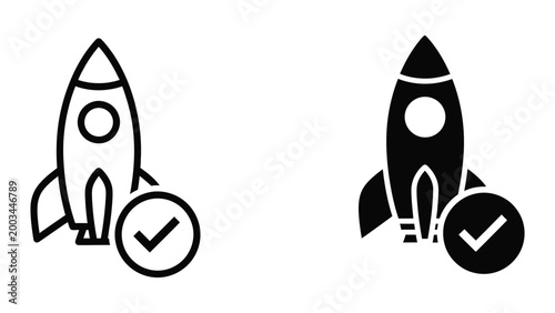 Checkmark inside rocket ship launch icons