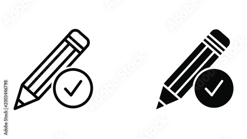 Two pencils with checkmark icons approval concept