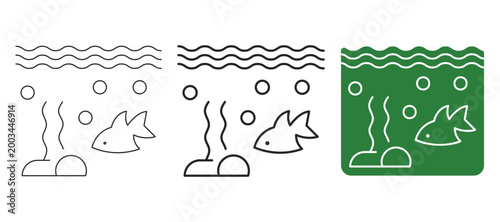 Water ecosystem underwater web line and solid icon set with fish, bubbles, sea life and aquatic environment concept. Editable stroke