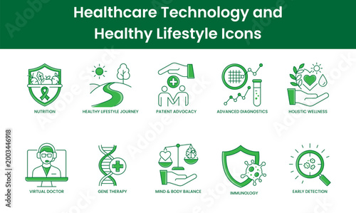 Healthcare Technology and Healthy Lifestyle Monoline Icons Bundle