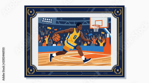 A dynamic illustration of a basketball player in action, driving towards the hoop, capturing the essence of the game's energy. 