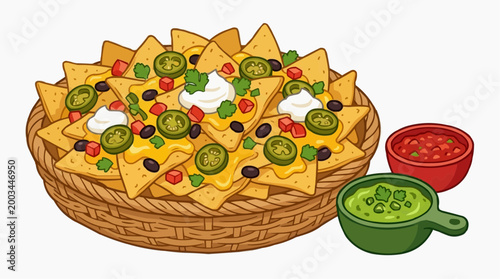 A vibrant plate of nachos with toppings and sauces, a visual feast that perfectly captures the essence of classic Mexican cuisine.