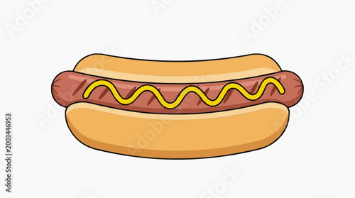 A delicious and inviting illustration of a classic hot dog, showcasing a juicy sausage nestled in a soft bun, artfully drizzled with a generous swirl of yellow mustard.