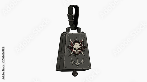 A stylized metal bell with a distinctive skull design, perfect for rustic decor or thematic projects. The bell embodies an edgy, rock-and-roll vibe with its bold aesthetic.