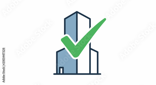 Modern building with green checkmark, concept of approval, success, or completion.