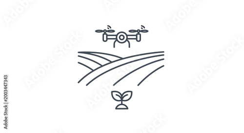 Drone flying over agricultural fields, plant sprout, modern farming technology