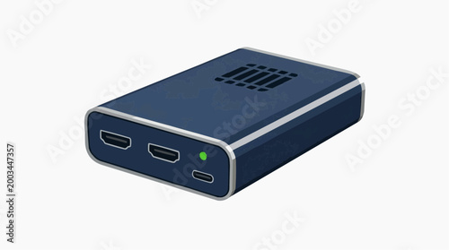A sleek and modern electronic device, showcasing ports and indicating an active state, captured in a clean and appealing aesthetic.