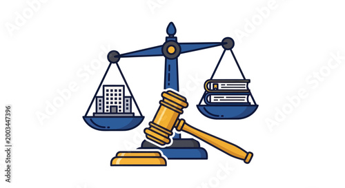 Justice scales with building and books, gavel, law concept