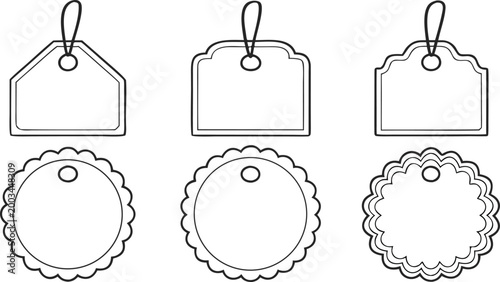 Fotografía Collection of six blank decorative gift tags with strings in various shapes and
