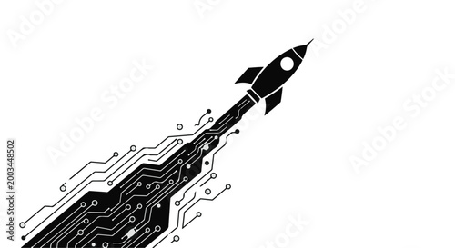 Rocket launch integrated with electronic circuit board patterns represents rapid digital transformation.