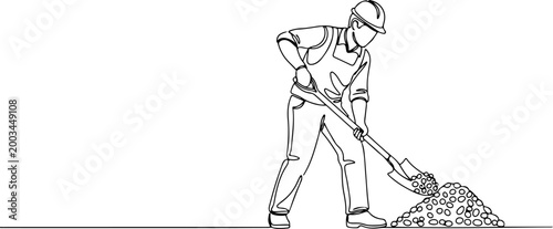 Continuous one line of a construction worker using a shovel to move gravel, representing groundwork, excavation, and site preparation, style hand drawing vector illustration.