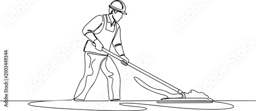Fotografia Continuous one line of a construction worker operating a cement trowel on fresh concrete, representing surface finishing and masonry work, style hand drawing vector illustration