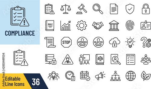 compliance rules and regulations set with editable line icons flat design vector illustration