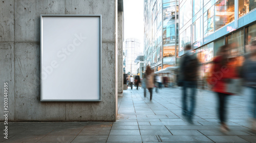 A blank advertising space stands against a concrete wall. People walk by on the busy street with tall glass buildings in the background. The scene shows activity in an urban area