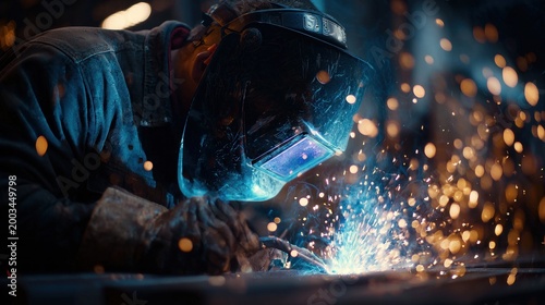 A person wearing a welding mask works on metal pieces in a workshop. Sparks fly as the welding process takes place, illuminating the workspace in the evening