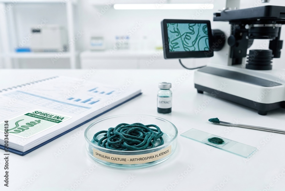Fototapeta premium Microscopic analysis of spirulina culture with modern digital lab equipment