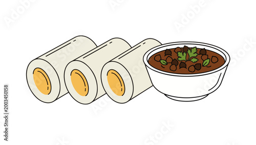 South Indian Rice Cakes with Chickpea Curry Vector Illustration on PNG Background, vector illustration, line art, food icon, South Indian food, rice cakes, steamed cakes, chickpea curry, culinary art,