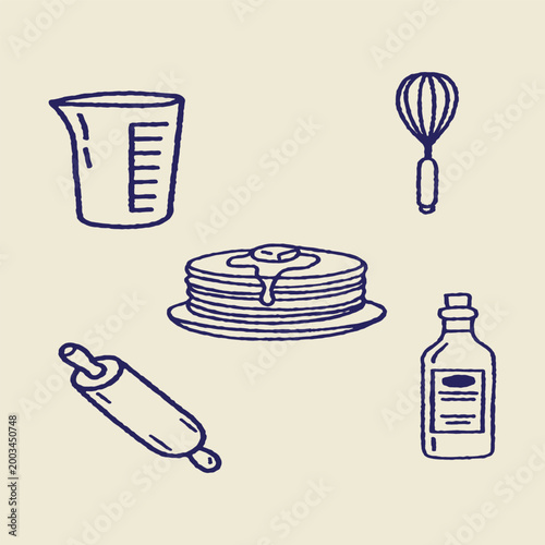Pancakes and baking tools set in blue line art doodle vector.