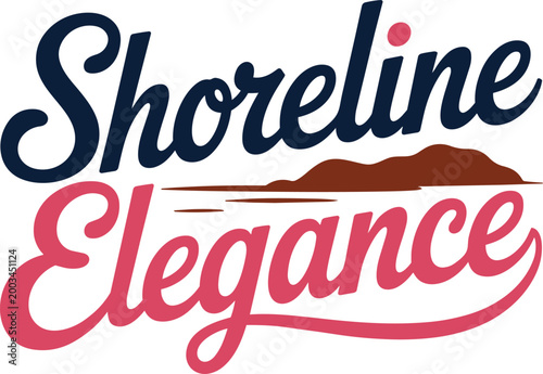 Shoreline elegance typography with a stylized landscape and sunset visual with word art script font