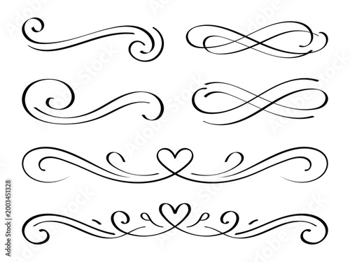 Set of Vintage Calligraphic Flourish Dividers with Heart Swirls, Romantic Scroll Ornaments, Elegant Decorative Line Elements for Wedding Invitation, Love Typography Design