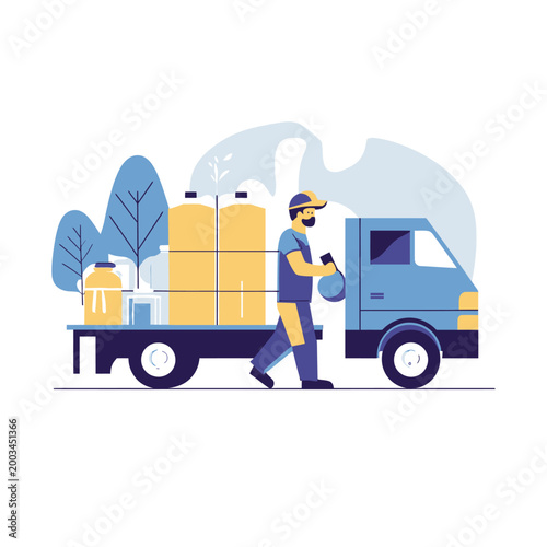 Flat vector illustration of delivery man loading large water containers onto small delivery truck with nature background in minimalist style