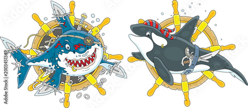 Perfidiously smiling shark and orca pirates on a background of a wooden steering wheel from a sunken old sail ship, a set of vector cartoon illustrations on a white background