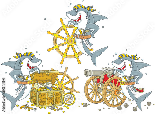 Funny shark pirate with a bandana of a sea robber, a sharp saber and a pistol guarding an old treasure chest, holding a helm, with an old gun, a set of vector cartoon illustrations