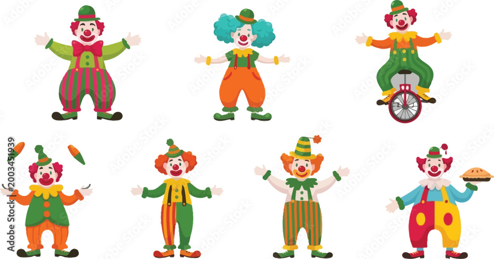 Fototapeta premium Colorful clowns performing different acts Vector