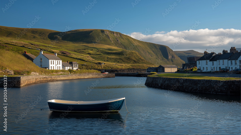 Fototapeta premium Picturesque harbor with a fishing boat in the village of Cushendun in County Antrim Northern Ireland, coastal heritage concept, with copy space