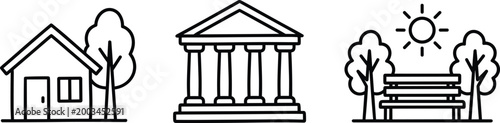 Minimalist vector illustration of three icons representing home, government, and outdoor environment