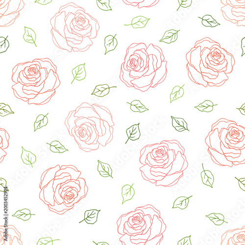 Seamless pattern with roses and leaves on a white background.
