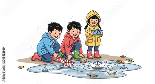 Children playing with paper boats in a puddle on a rainy day