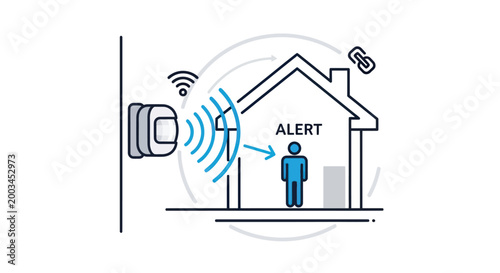 Home security motion sensor detecting person inside house, wireless alert system