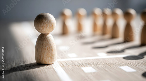 Wooden figurine stands out in front of a row of similar figures on a wooden surface, casting shadows in a well-lit environment with a minimalistic design