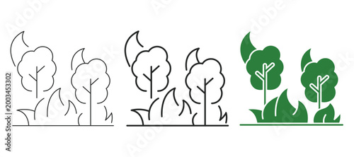 Forest fire environmental disaster web line and solid icon set with trees, flames, nature damage and climate concept. Editable stroke