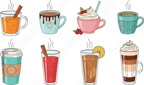 Colorful hand-drawn hot beverages illustration set Vector