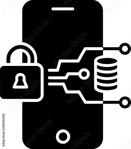 Smartphone data protection icon showing secure encryption nodes for mobile cybersecurity design