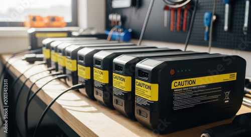 Batteries e-bike lined up with caution labels and charging cables featuring electric vehicle, power storage, portable charger with battery pack and