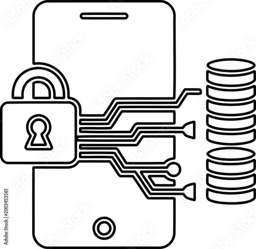 Secure fintech outline icon with smartphone and data stacks for mobile banking apps