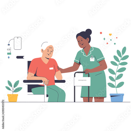 Caregiver assisting an elderly person with a walker
